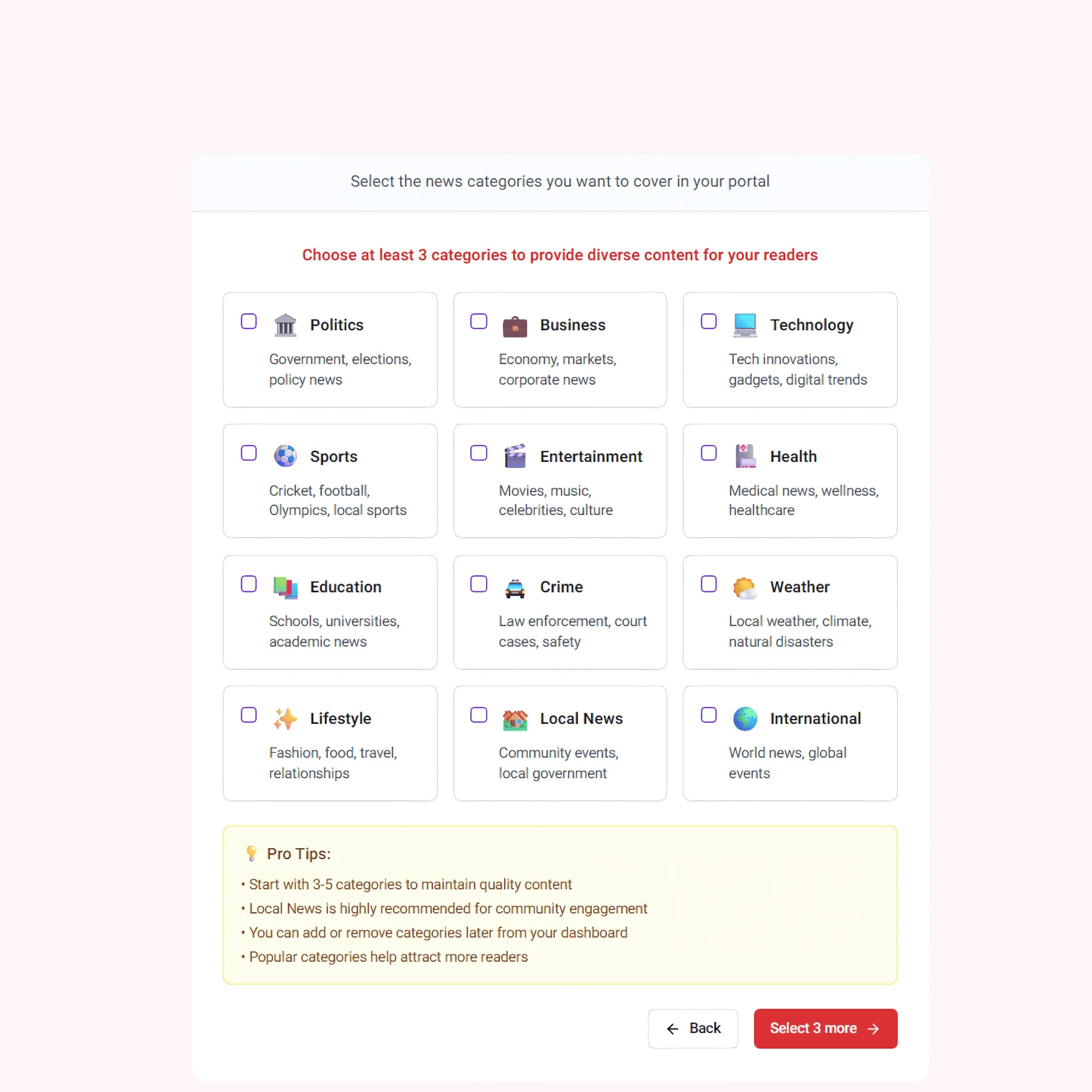 Pick News Categories